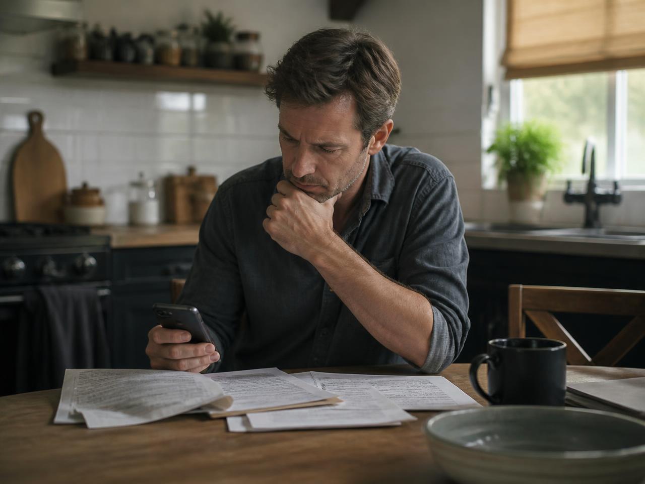 An independent professional reviewing paperwork at a kitchen table